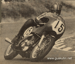 1969 Hutchinson 100.  Runner-up Mick Andrew guns his Kuhn Commando in pursuit of leader Rod Gould in the 1,000cc race.