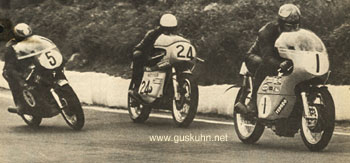 Mike Hailwood (Seeley) leads Malcolm Uphill (Rickmam Metisse) and Dave Croxford (Kuhn Norton) during the Race of the Year.