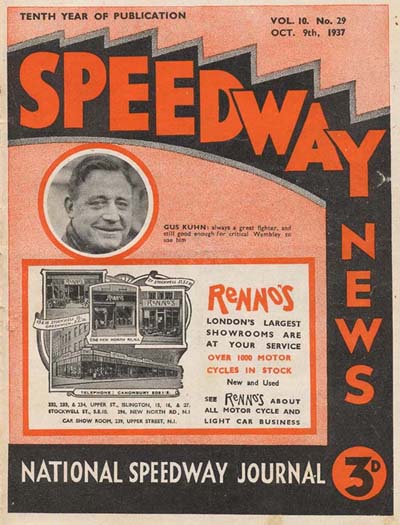 Front Cover Speedway News 9 Oct 1937